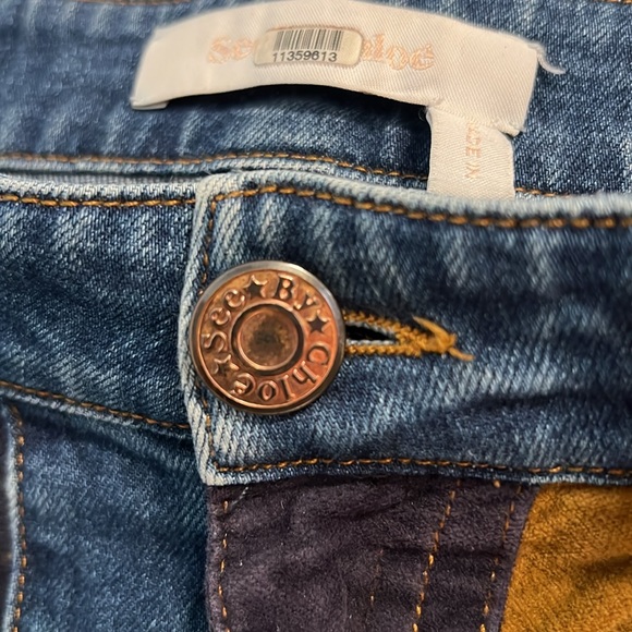 See by Chloe Mid Rise Flare Wide Leg Patchwork Velvet Striped Jeans 26 - Picture 6 of 9